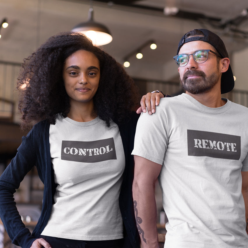 Remote Control Matching Couple Tshirt for Men & Women Cotton Printed Regular Fit Tshirts- (Set of 2)-119