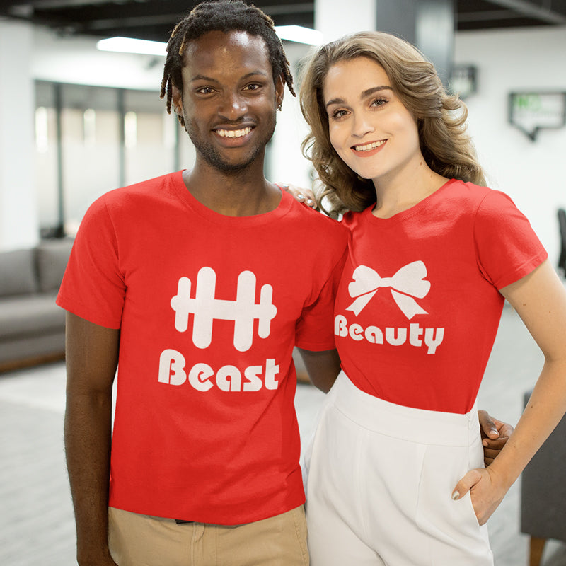 Beauty Beast Matching Couple Tshirt for Men & Women Cotton Printed Regular Fit Tshirts- (Set of 2)-40