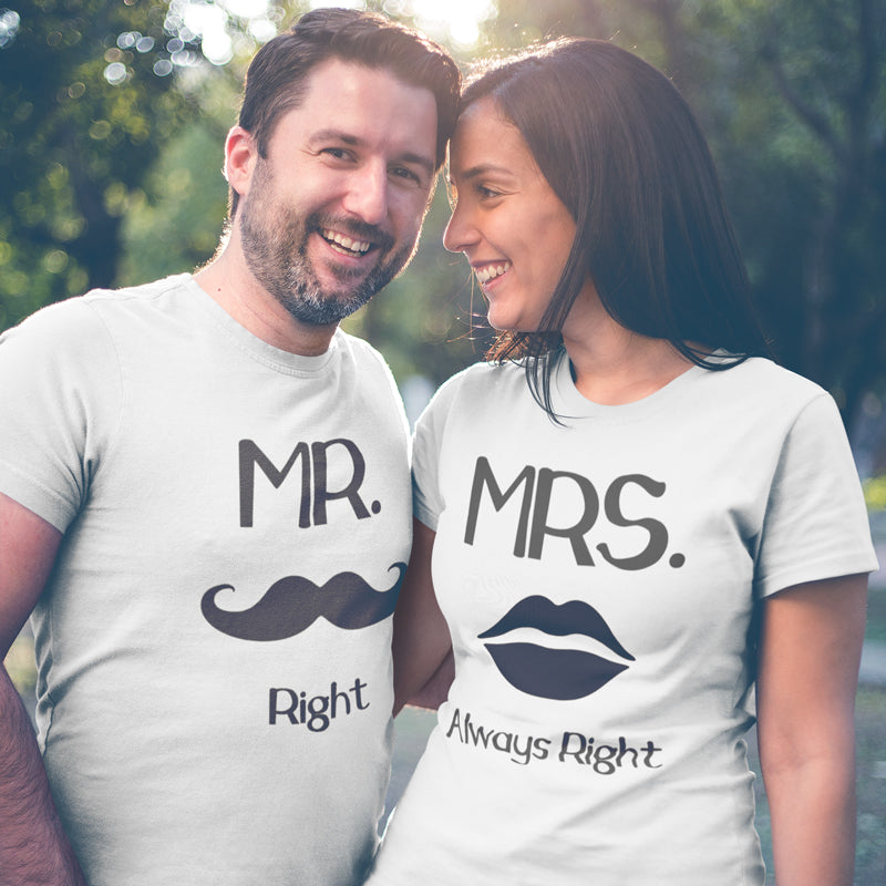 Mr. Mrs. Always Right Matching Couple Tshirt for Men & Women Cotton Printed Regular Fit Tshirts- (Set of 2)-04
