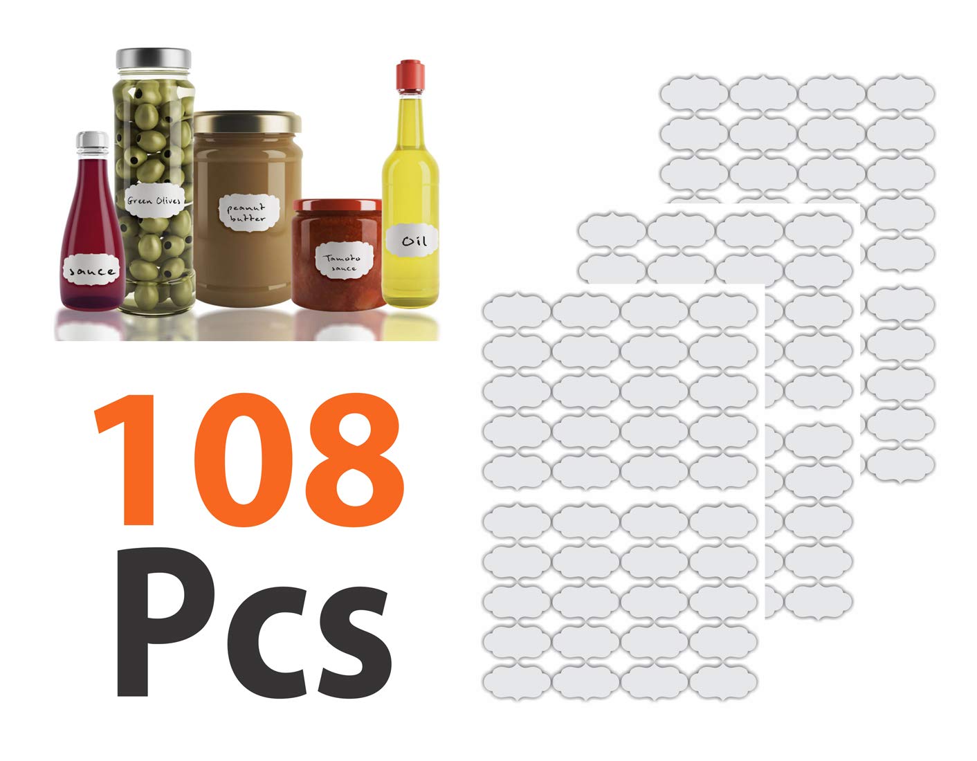 iberry's 108 pieces Waterproof Vinyl Stickers for Mason Jars Glass Bottle, Decals Craft, Kitchen Jar (Paper, 7 cm x 4 cm, White, 108 Piece) (Curly Round 1 stickers curly) (2)