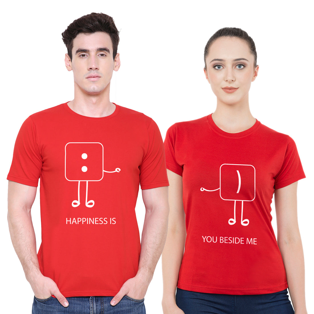 Happiness Matching Couple Tshirt for Men & Women Cotton Printed Regular Fit Tshirts-  (Set of 2)-36
