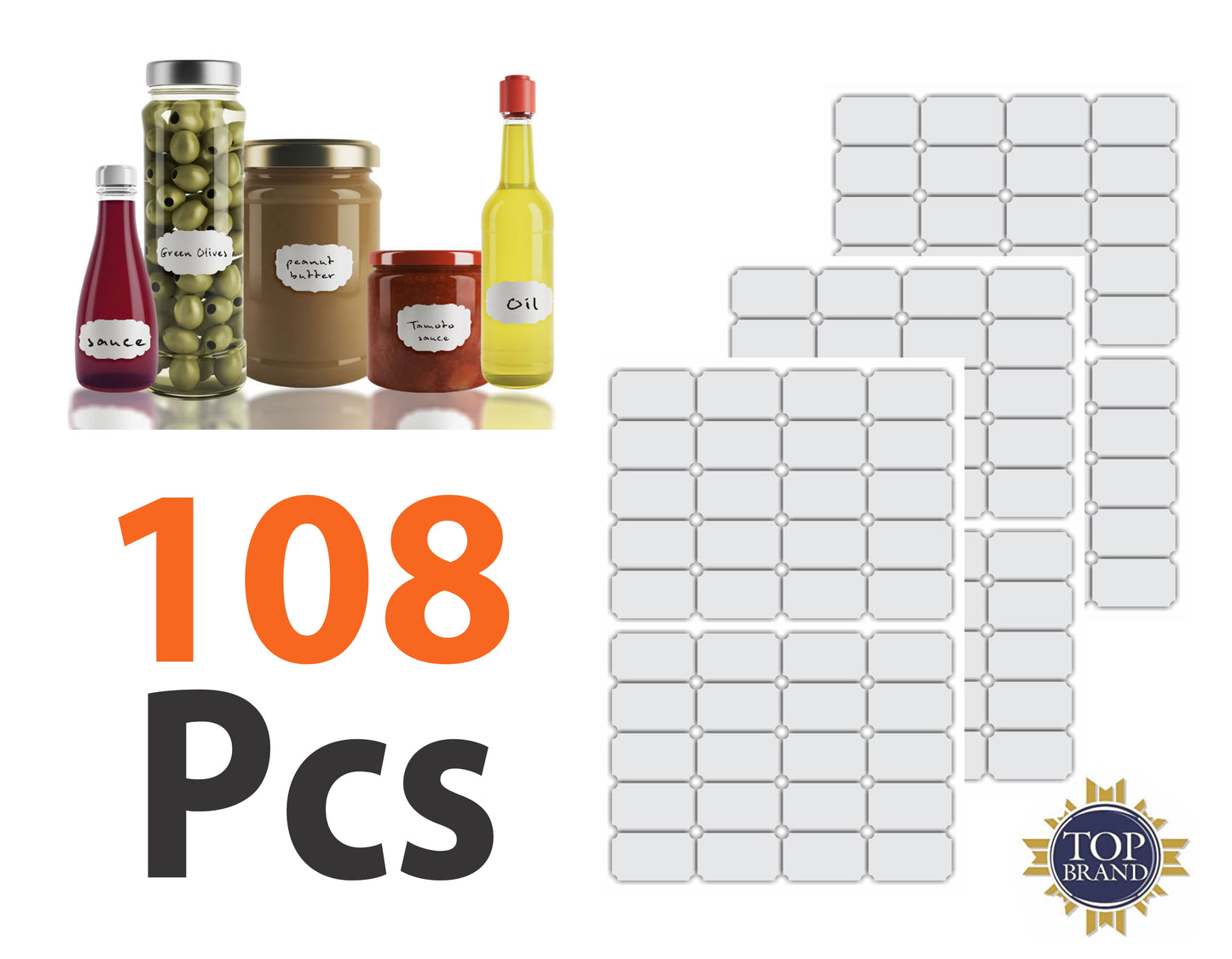 iberry's 108 pieces Waterproof Vinyl Stickers for Mason Jars Glass Bottle, Decals Craft, Kitchen Jar (Paper, 7 cm x 4 cm, White, 108 Piece) (Recty with Sculoped Corner stickers curly) (6)