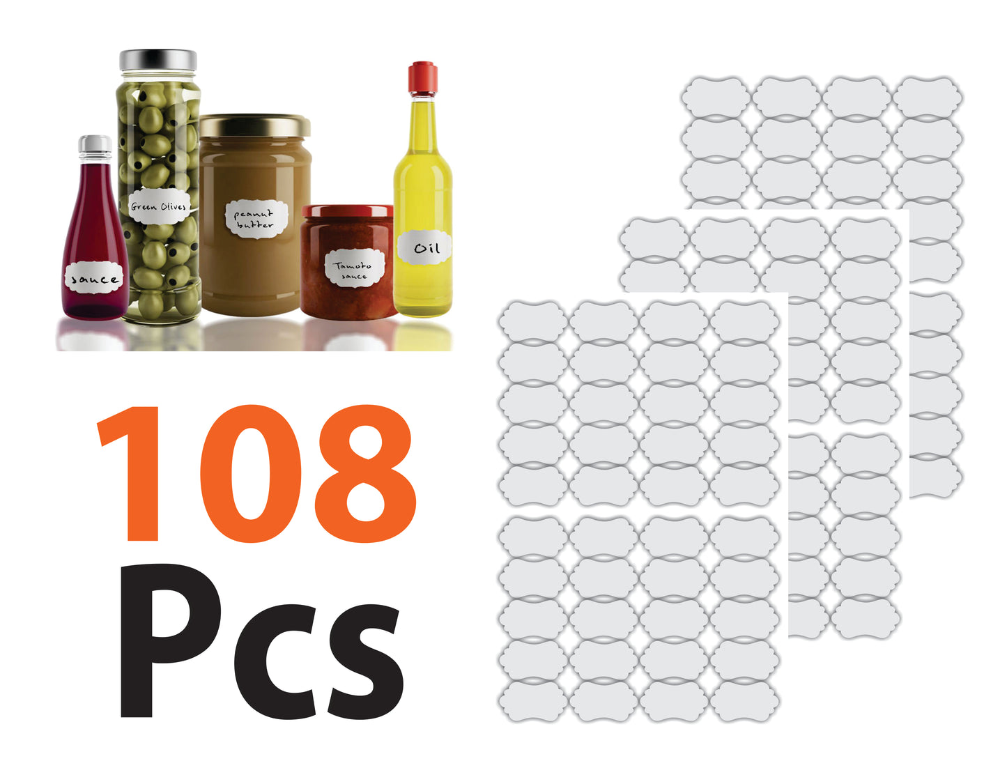 iberry's 108 pieces Waterproof Vinyl Stickers for Mason Jars Glass Bottle, Decals Craft, Kitchen Jar (Paper, 7 cm x 4 cm, White, 108 Piece) (Curly Round 2 Sticker) (12)