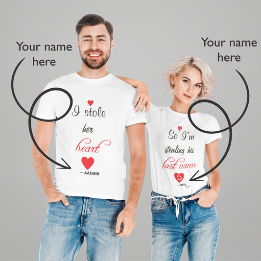 Customized Couple Tshirt- Stole My Heart Matching Couple Tshirt for Men & Women Cotton (Set of 2) White