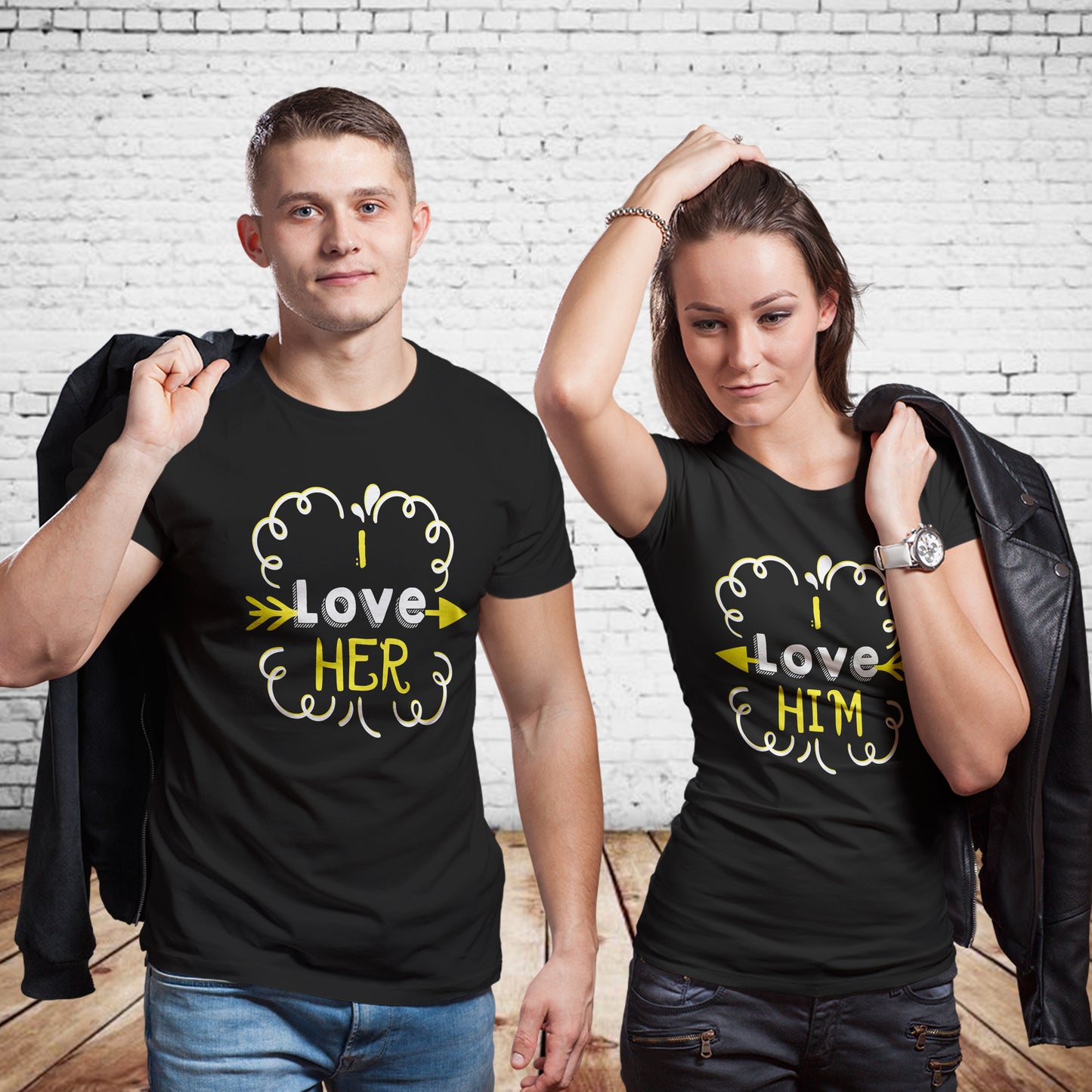 I love him/ I Love her matching Couple T shirts- Black