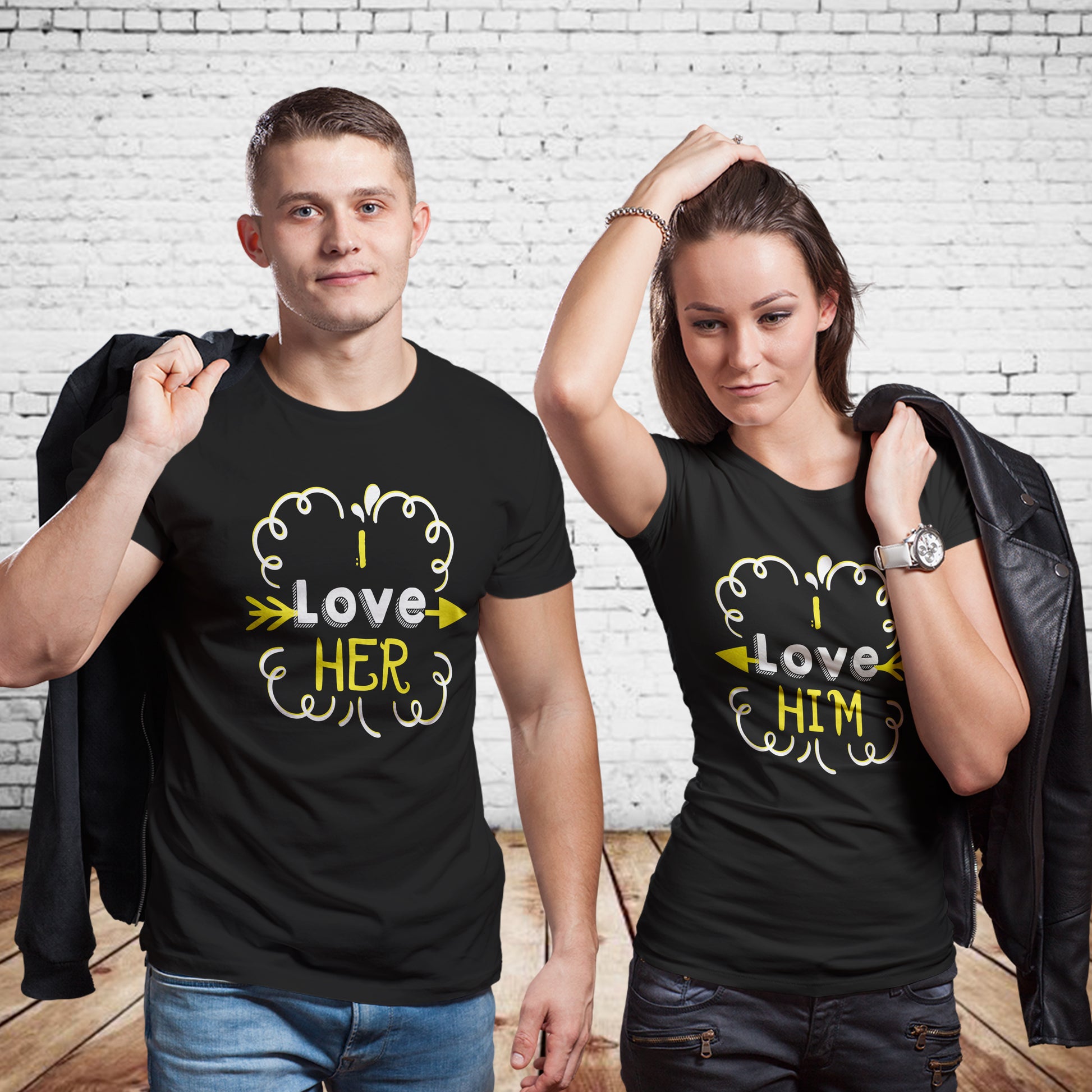 I love him/ I Love her matching Couple T shirts- Black