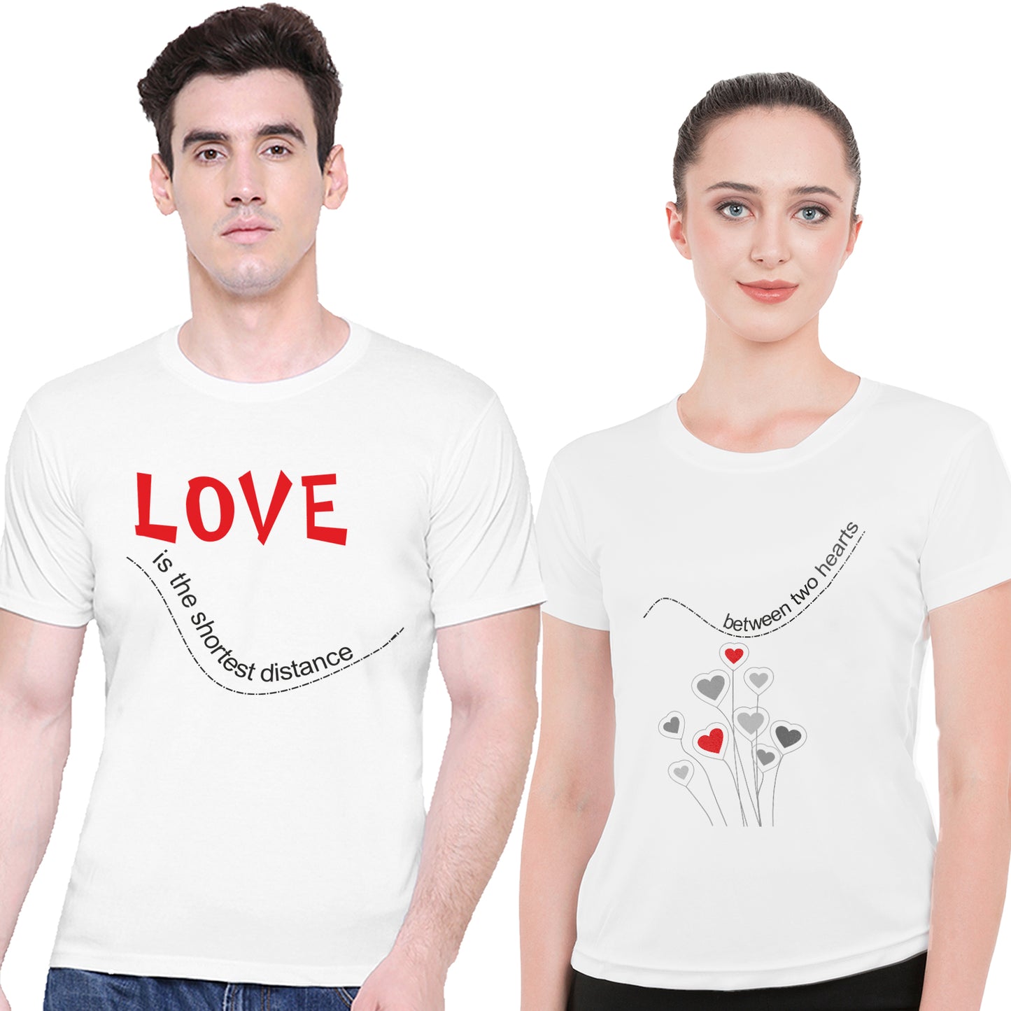 Love distance Matching Couple t shirts for Men & Women Cotton Printed Regular Fit Tshirts- (Set of 2)-35