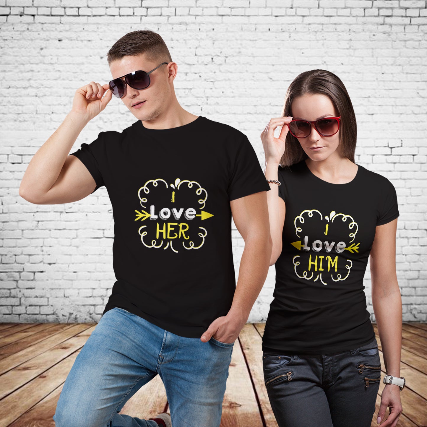 I love him/ I Love her matching Couple T shirts- Black