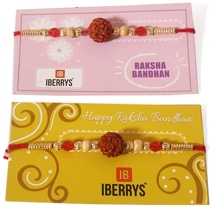 iberry's Rakhi Gift Pack with Set of 2 Rudraksh Rakhi, Greeting Card and Roli Chawal for Brother|Rakhi Combo with Branded Packaging-0303