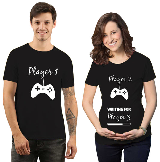 Player 3 coming soon Maternity Dress|Maternity Couple T shirts- Black