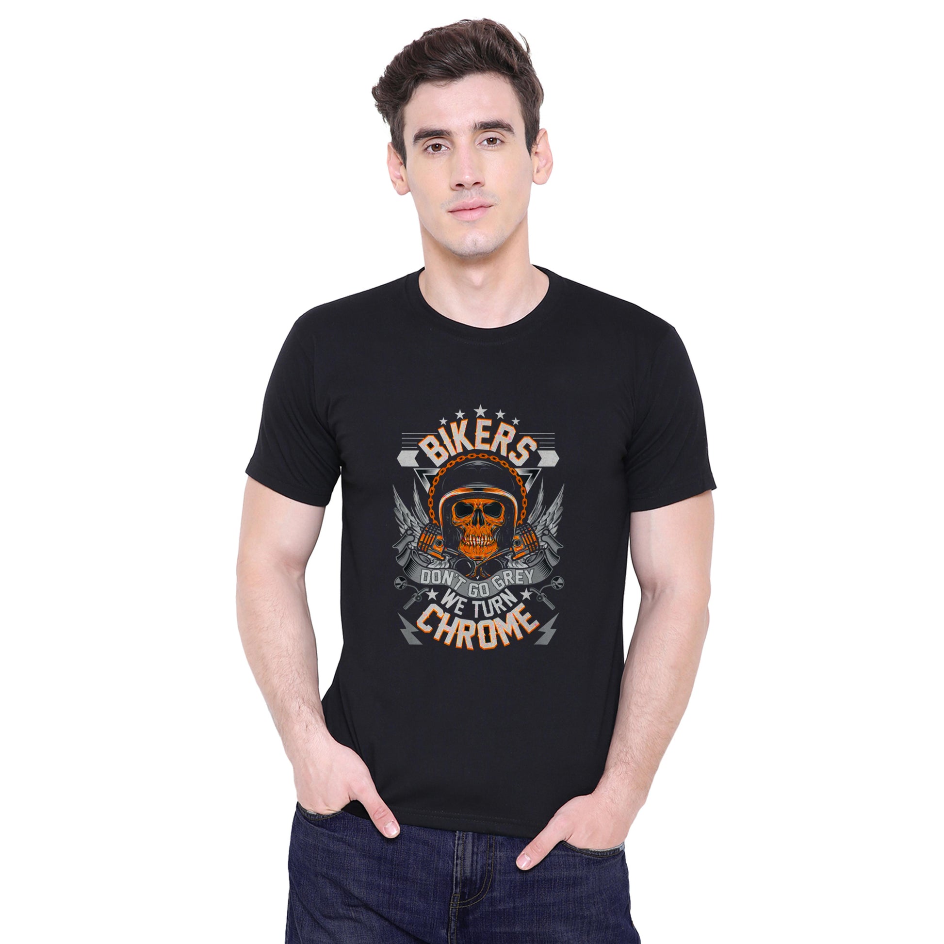 Bikers don't go grey, we turn chrome 2 quote Biker t shirts -Black