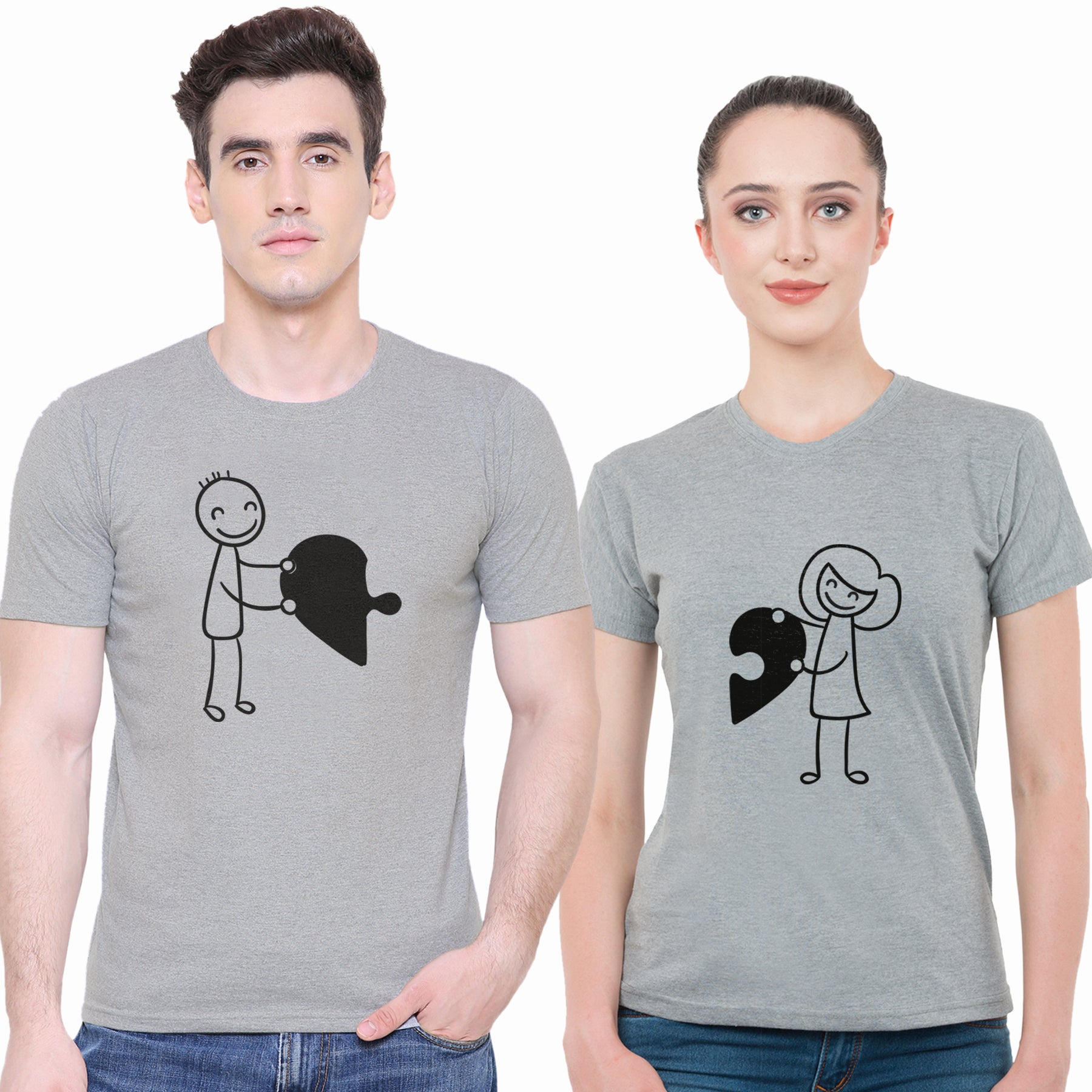 Love Puzzle matching Couple T shirts- Grey
