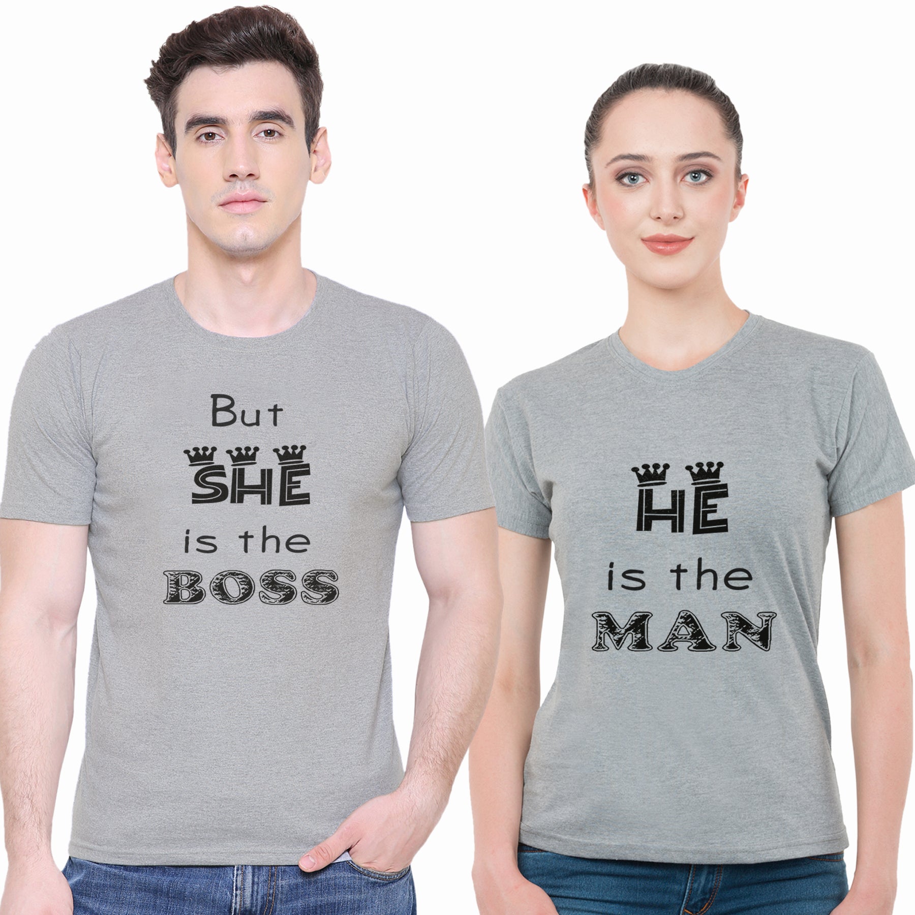 She is the Boss matching Couple T shirts- Grey