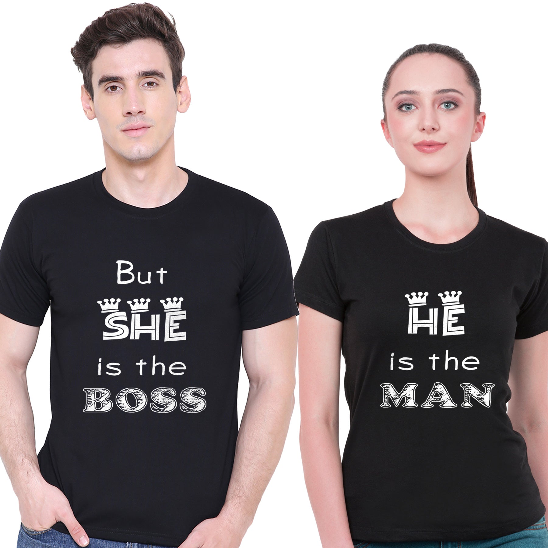 She is the Boss matching Couple T shirts- Black