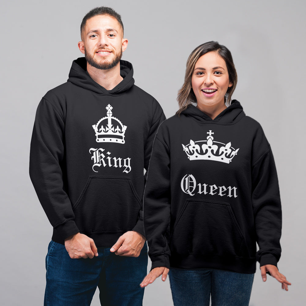 King Queen Matching Couple Hoodies for Men & Women Cotton Printed Cute  Couple Sweatshirts- (Set of 2)