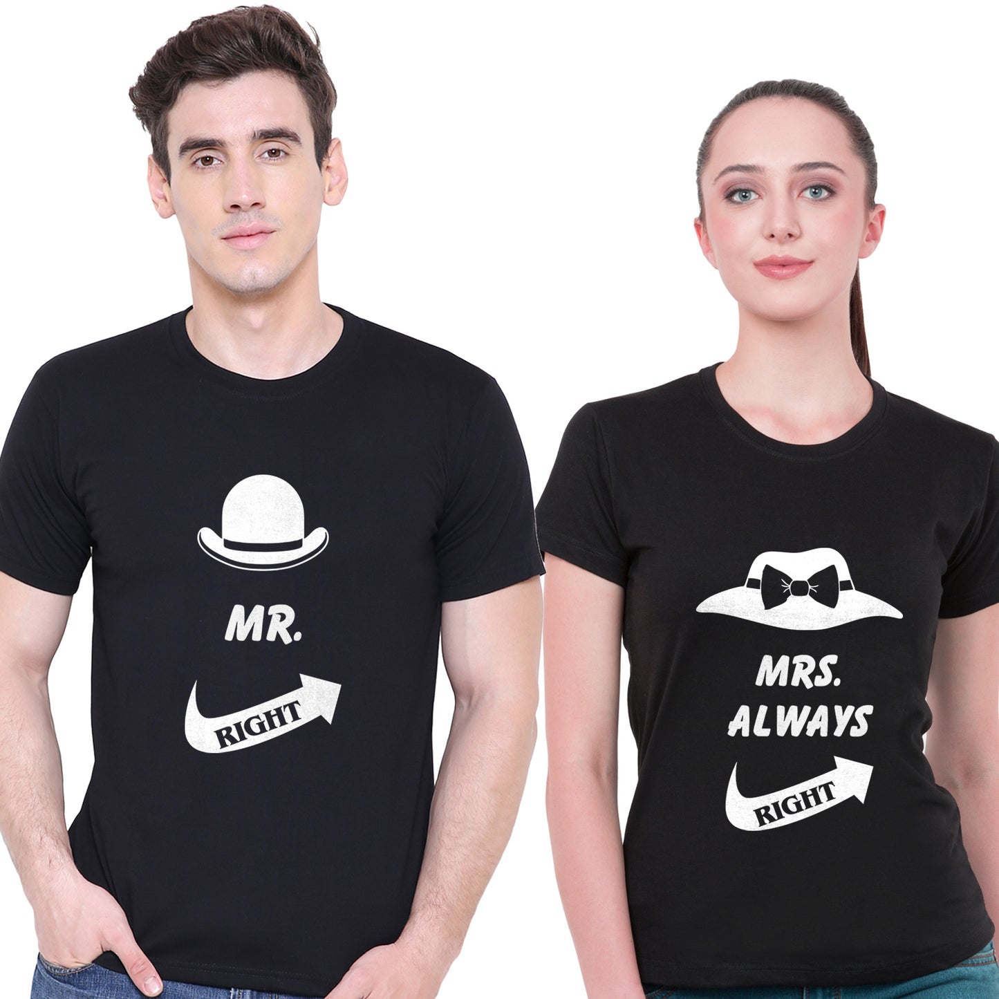 Mr. & Mrs. Right matching Couple T shirts- Black