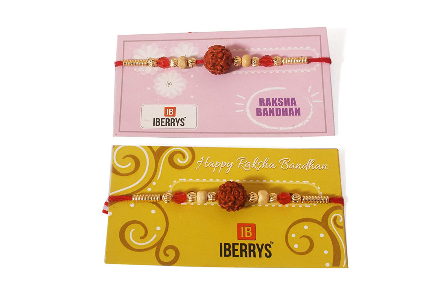 iberry's Rakhi Gift Pack with Set of 2 Rudraksh Rakhi, Greeting Card and Roli Chawal for Brother|Rakhi Combo with Branded Packaging-0202