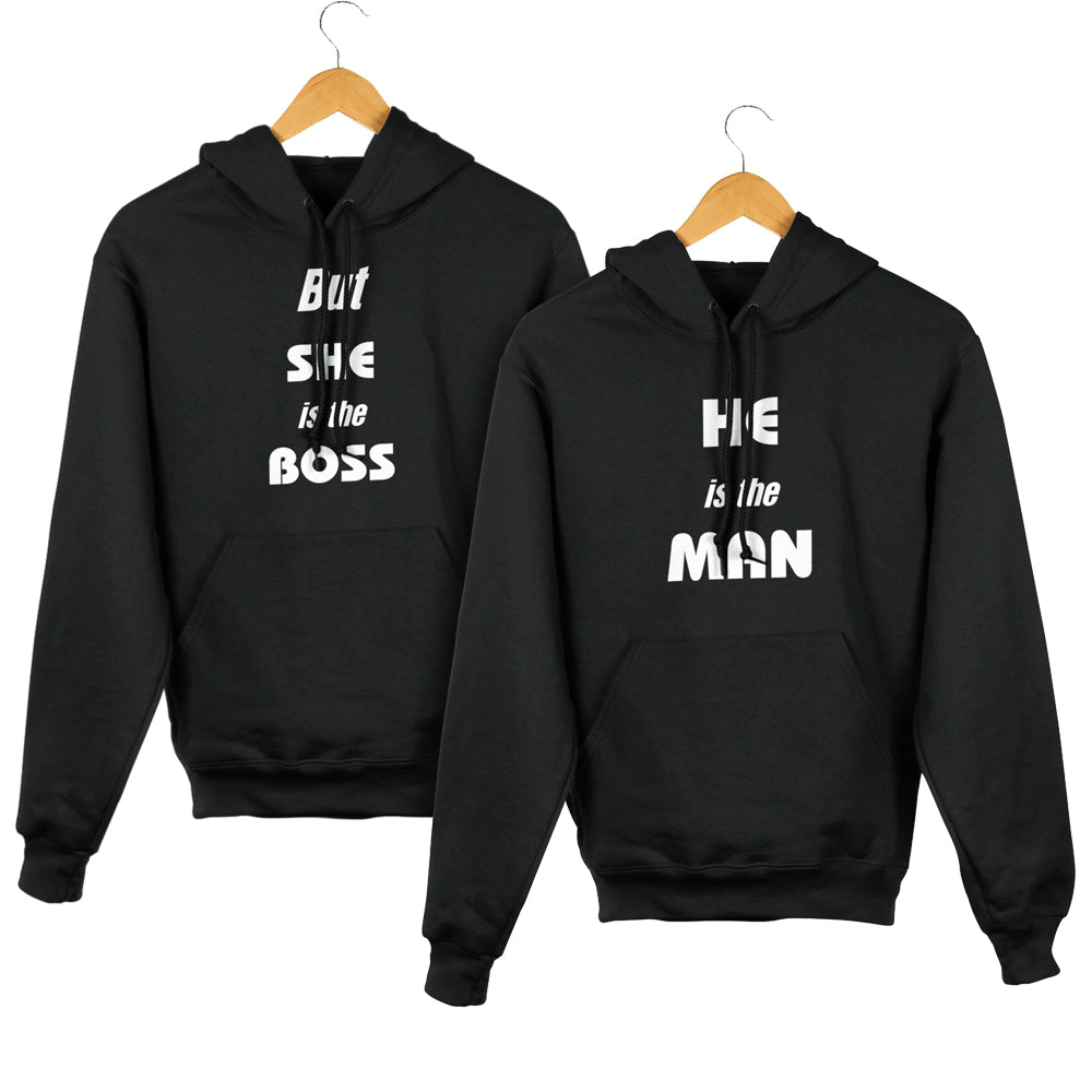 He is the man / She is the Boss  Matching Couple Cute Sweatshirts | Couple Hoodies- Black