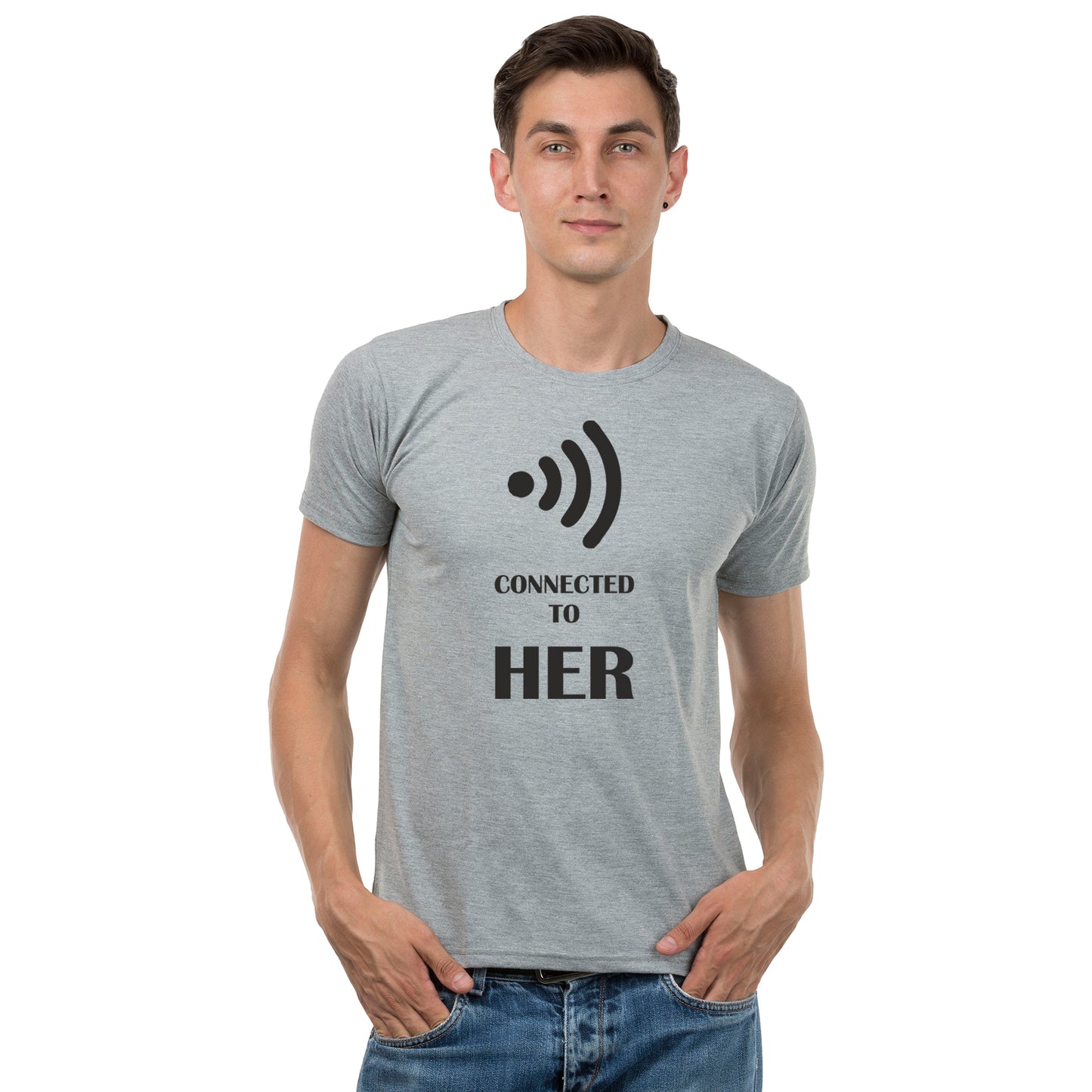 Connected to him/her  matching Couple T shirts- Grey