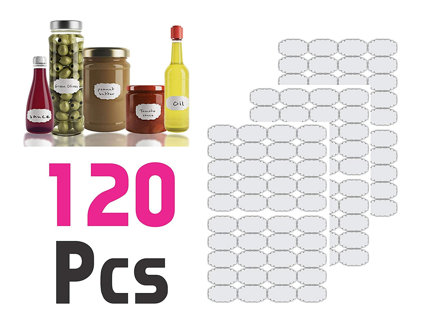 iberry's Waterproof Reusable Vinyl Label Stickers 120 Pieces for Mason Jars Glass Bottle, Decals Craft, Kitchen Jar (Paper, 7 cm x 4 cm, White, 120 Piece)