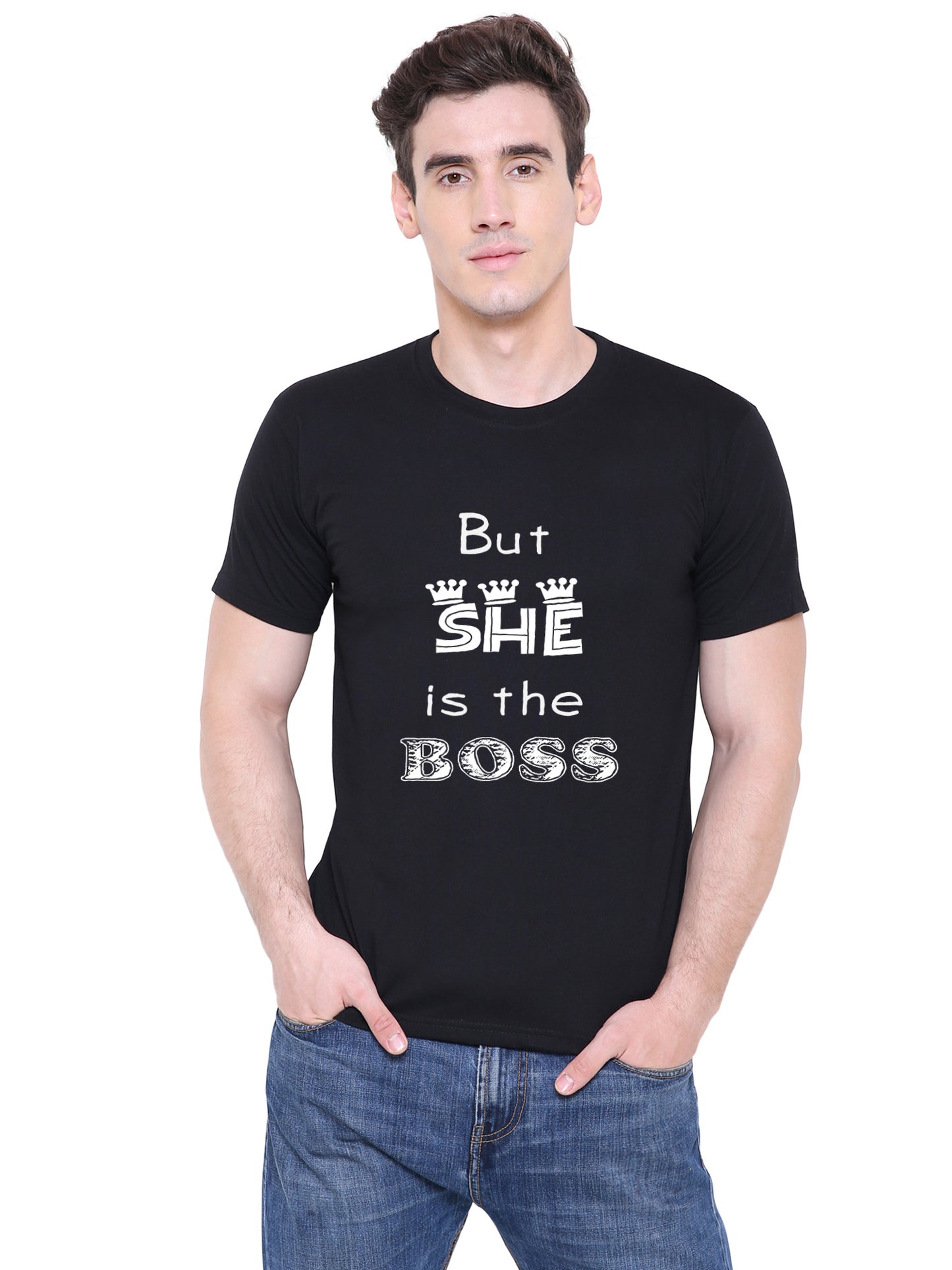 She is the Boss matching Couple T shirts- Black
