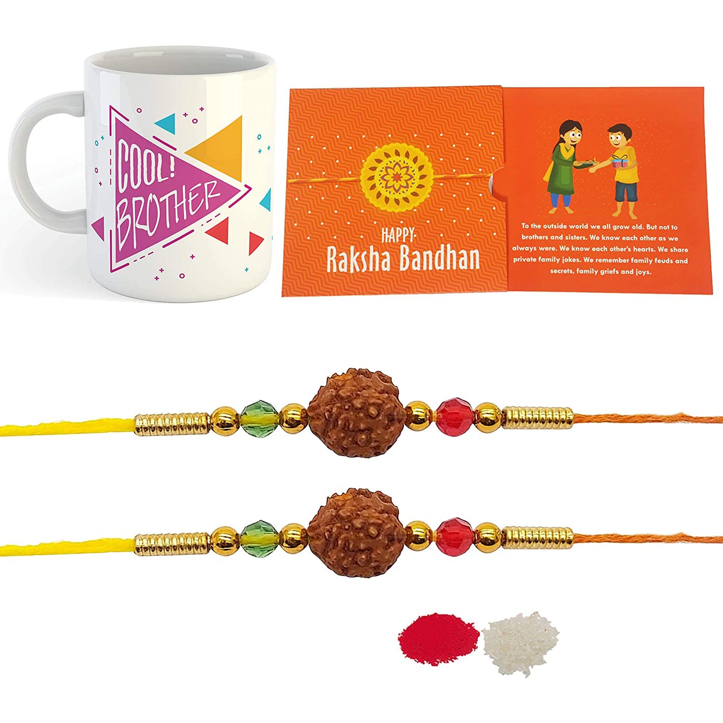 iberry's Set of 2 Rakhi with Raksha Bandhan Card and Roli Chawal and Coffee Mug 350 ml Combo for Men/Boys-01