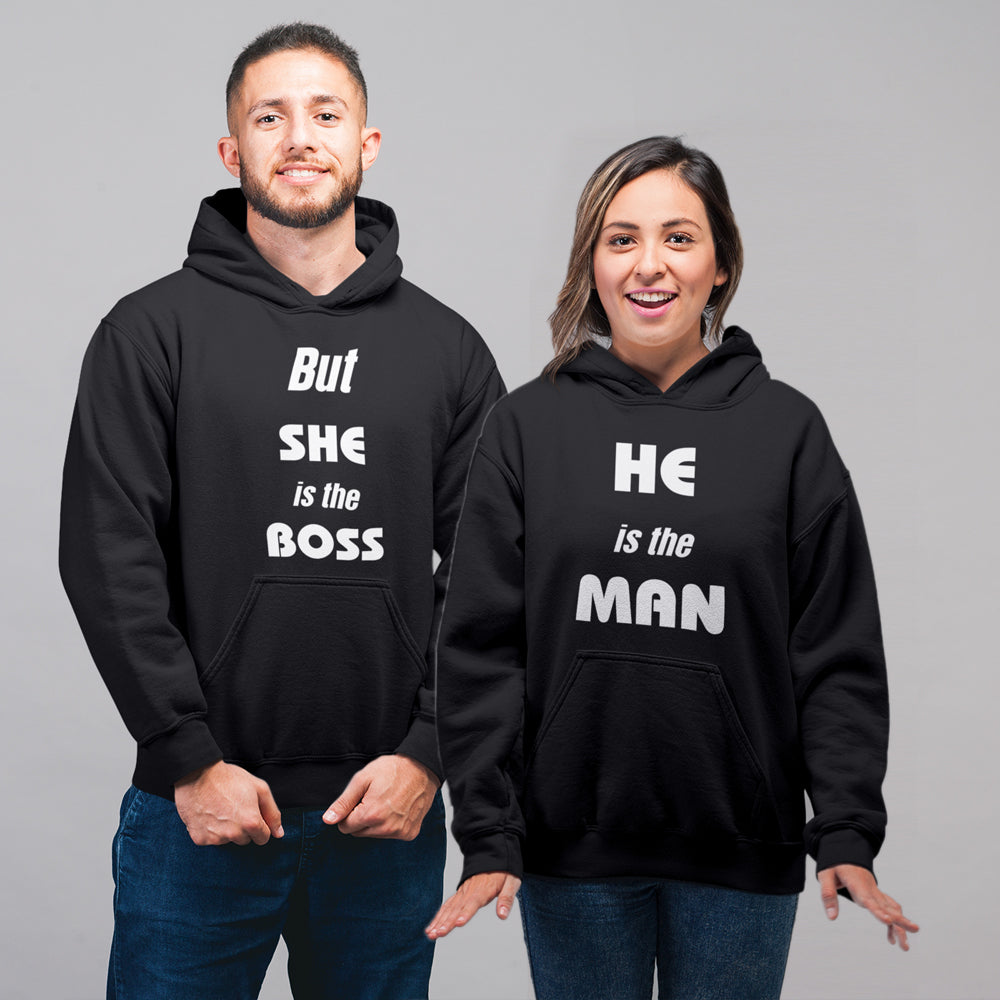 He is the man / She is the Boss  Matching Couple Cute Sweatshirts | Couple Hoodies- Black