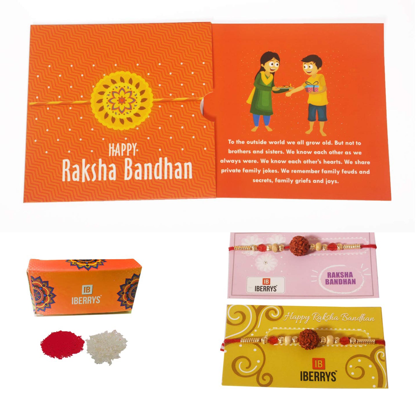 iberry's Rakhi Gift Pack with Set of 2 Rudraksh Rakhi, Greeting Card and Roli Chawal for Brother|Rakhi Combo with Branded Packaging-0101