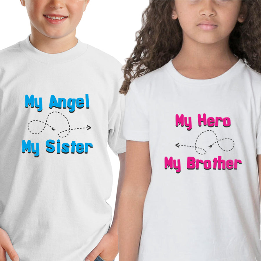 My Angel my sister- My hero my brother Sibling kids t shirts - white