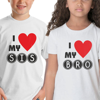 I love my sis- I love my bro Sibling kids t shirts - white