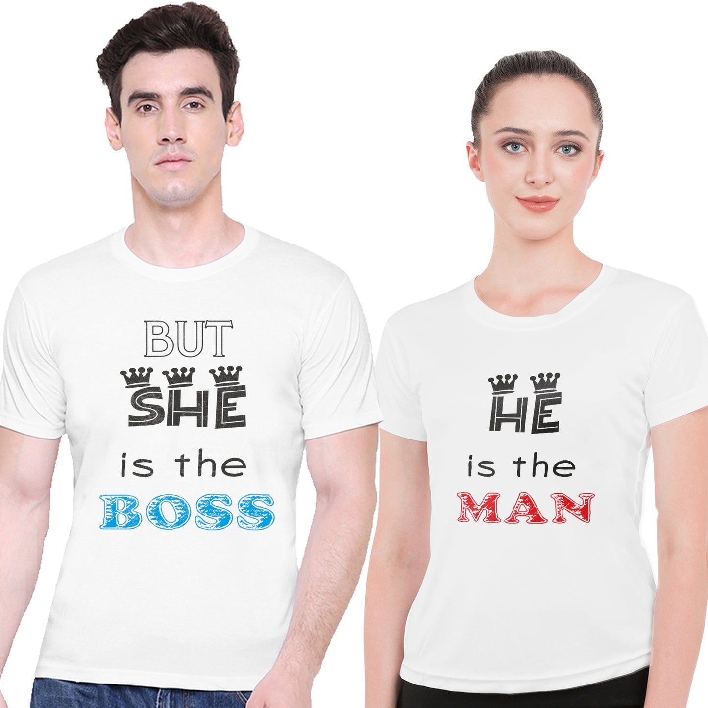 She is the Boss matching Couple T shirts- White