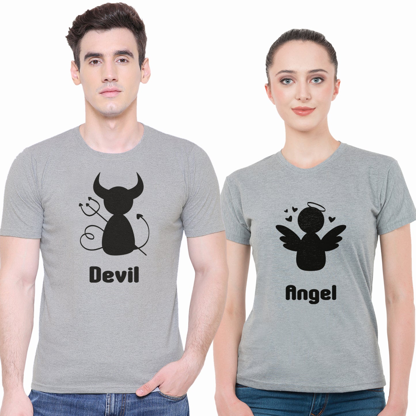 Angel Devil matching Couple T shirts- Grey