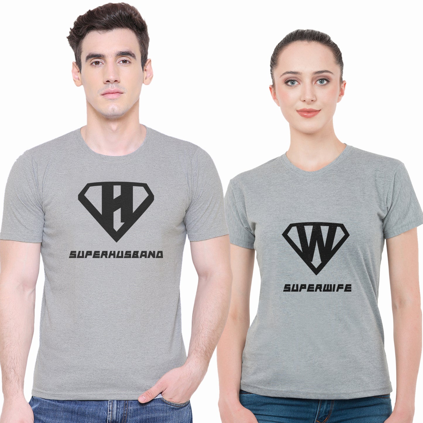 Super Husband & Wife matching Couple T shirts- Grey