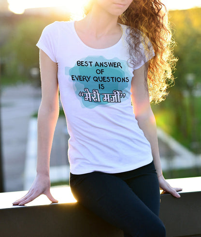iberry's Graphic Tees funny Quote Tshirts Meri Marji For Girls And Women- White