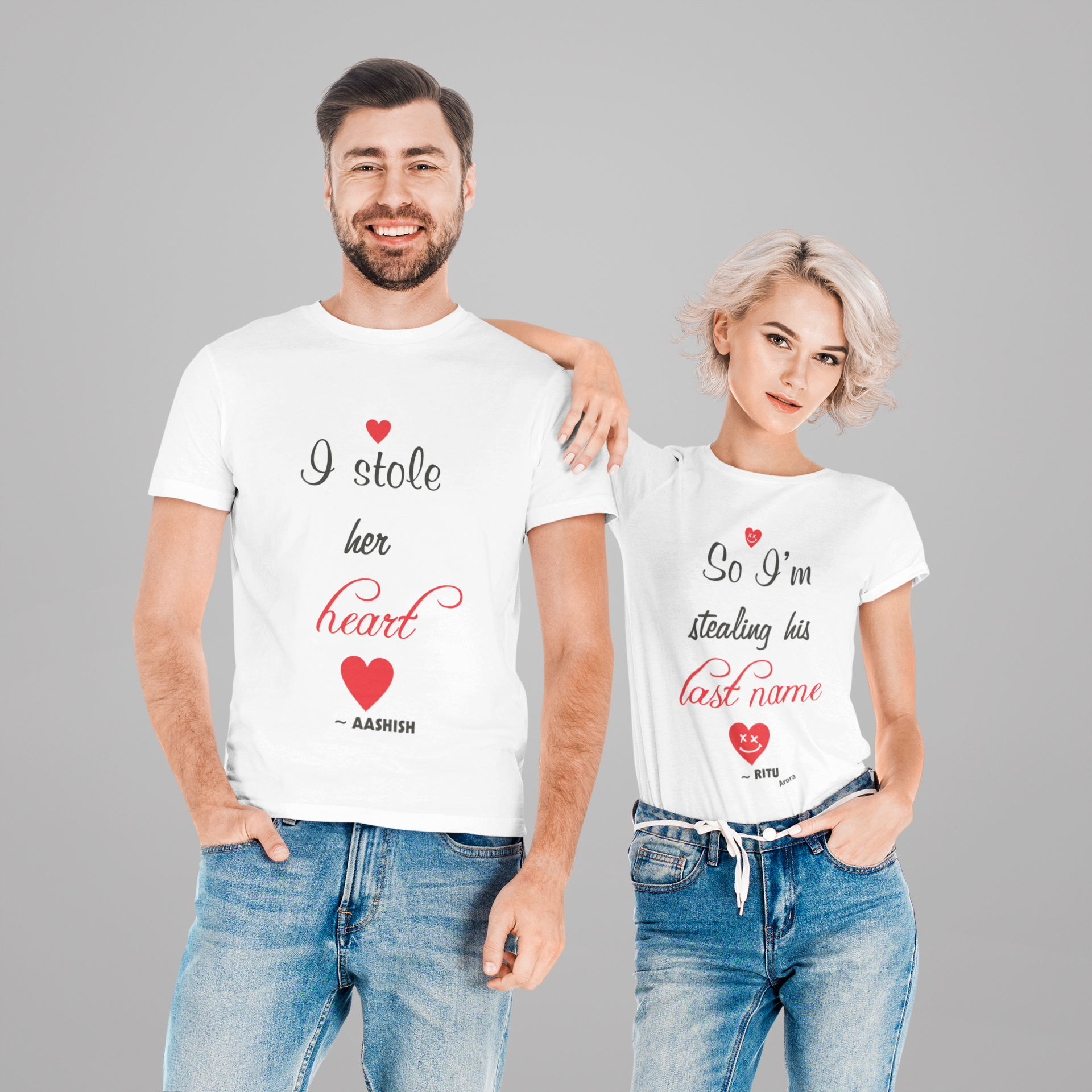 mockup of a couple at a studio wearing matching t shirts 46159 r el2