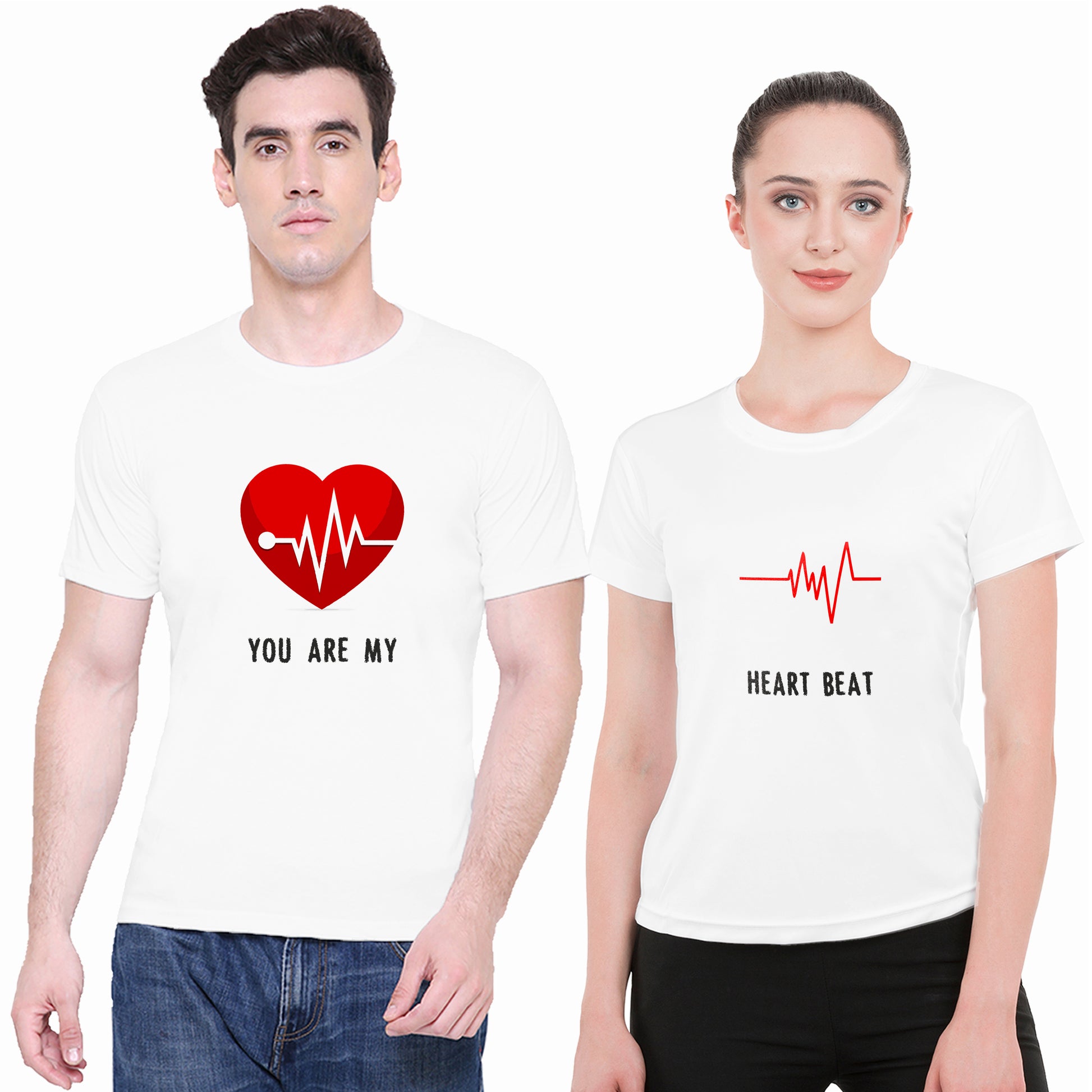 Heartbeat matching Couple T shirts- White
